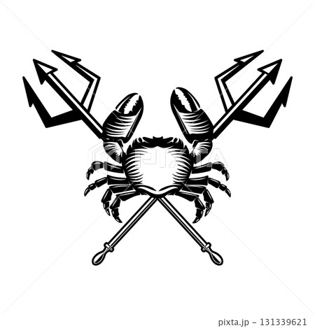 Crab and two crossed tridents. Design element for emblem, sign, badge, poster. Vector illustration Crab and two crossed tridents. Design element for emblem, sign, badge, poster. Vector illustration 131339621