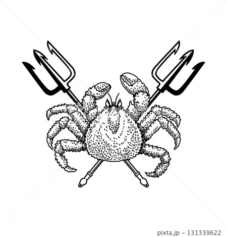 Crab and two crossed tridents. Design element for emblem, sign, badge, poster. Vector illustration Crab and two crossed tridents. Design element for emblem, sign, badge, poster. Vector illustration 131339622