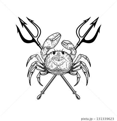 Crab and two crossed tridents. Design element for emblem, sign, badge, poster. Vector illustration 131339623