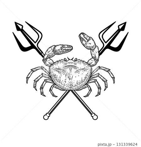 Crab and two crossed tridents. Design element for emblem, sign, badge, poster. Vector illustration Crab and two crossed tridents. Design element for emblem, sign, badge, poster. Vector illustration 131339624