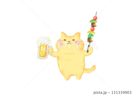 BBQ・ビールとバーべキュー串を持って乾杯するかわいい猫の水彩イラスト素材 131339903