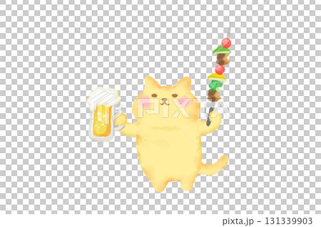 BBQ・ビールとバーべキュー串を持って乾杯するかわいい猫の水彩イラスト素材 131339903