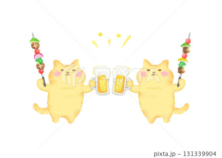 BBQ・ビールとバーべキュー串を持って乾杯するかわいい猫の水彩イラスト素材 131339904
