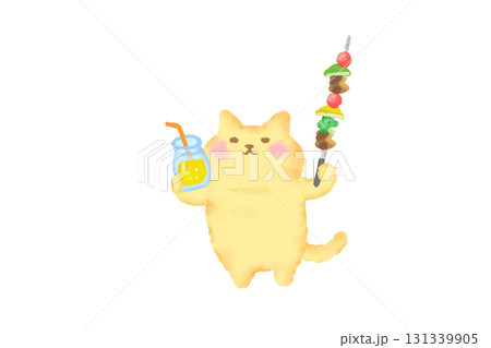 BBQ・ドリンクとバーべキュー串を持って乾杯するかわいい猫の水彩イラスト素材 131339905