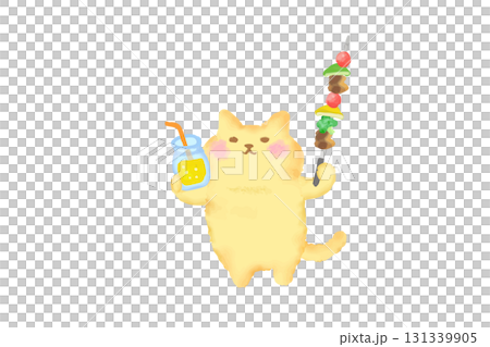 燒烤/水彩畫一隻可愛的貓用飲料和燒烤串敬酒 131339905