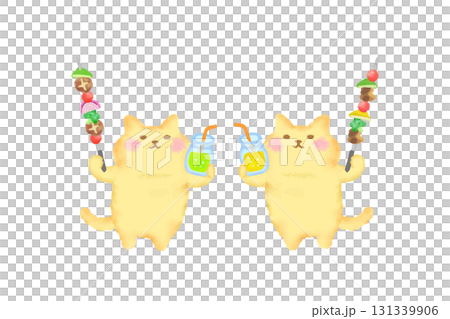 燒烤/水彩畫一隻可愛的貓用飲料和燒烤串敬酒 131339906