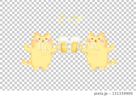 Watercolor illustration of a cute cat toasting with beer 131339909