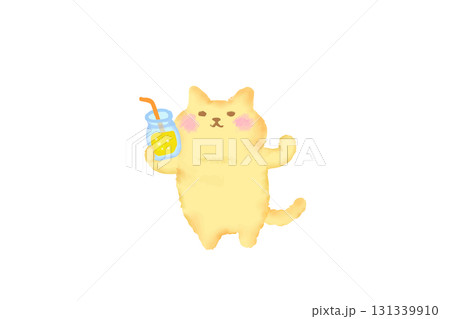 ドリンクを持って乾杯するかわいい猫の水彩イラスト素材 131339910