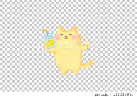 Watercolor illustration of a cute cat toasting with a drink 131339910