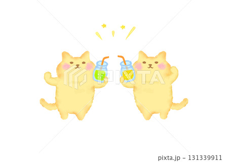 ドリンクを持って乾杯するかわいい猫の水彩イラスト素材 131339911