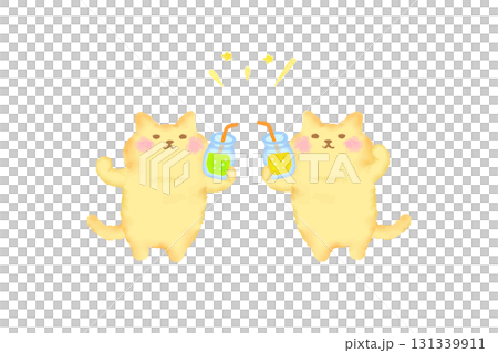 Watercolor illustration of a cute cat toasting with a drink 131339911
