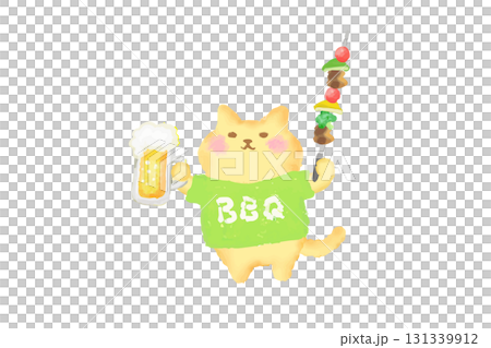 BBQ / Watercolor illustration of a cute cat toasting with beer and barbecue skewers 131339912