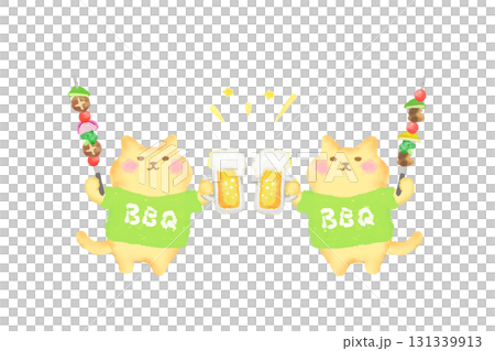 BBQ / Watercolor illustration of a cute cat toasting with beer and barbecue skewers 131339913