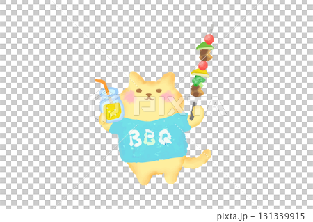 BBQ / Watercolor illustration of a cute cat enjoying a barbecue with a drink in hand 131339915