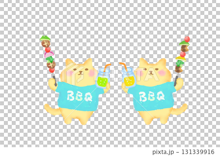 BBQ / Watercolor illustration of a cute cat toasting with a drink and a barbecue skewer 131339916