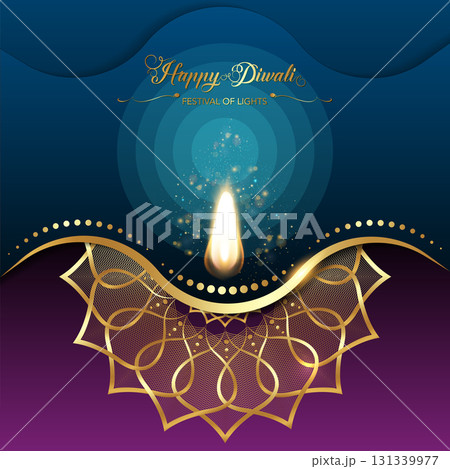 Happy Diwali Festival of Lights India Celebration colorful template. Graphic banner design of burning Indian Diya Oil Lamp, gold mandala design. Vector festive paper cut style background Happy Diwali Festival of Lights India Celebration colorful template. Graphic banner design of burning Indian Diya Oil Lamp, gold mandala design. Vector festive paper cut style background 131339977