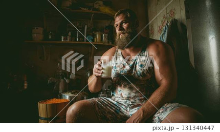 イクラの樽を横に、ウォッカを飲む屈強なロシア人男性 131340447