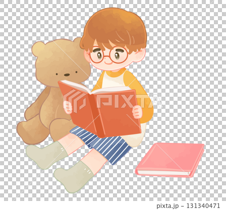 本を読む子供とクマのぬいぐるみ 131340471