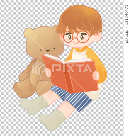 Child reading a book and teddy bear 131340473