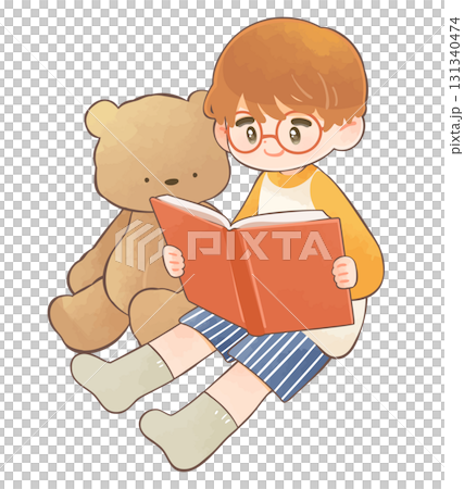 Child reading a book and teddy bear 131340474