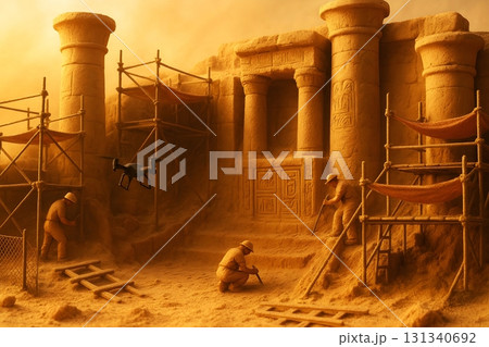 砂漠遺跡の発掘作業 – ドローンと考古学者による古代建築調査 131340692