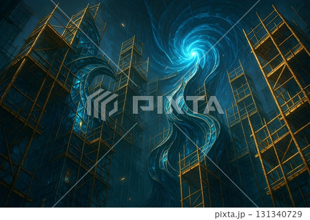 天空へ伸びる渦と足場が交錯する未来的建築空間 131340729