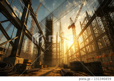 夕陽に照らされる建設現場 – 鉄骨とクレーンが並ぶ都市工事風景 夕陽に照らされる建設現場 – 鉄骨とクレーンが並ぶ都市工事風景 131340859