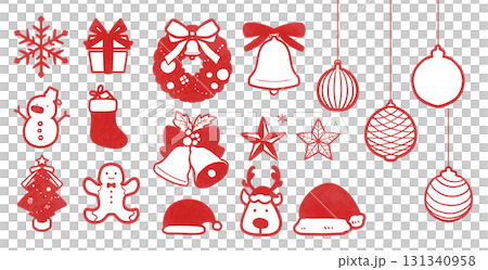 Christmas icon set in red and white | Snowflakes, presents, wreaths, bells, ornaments Christmas icon set in red and white | Snowflakes, presents, wreaths, bells, ornaments 131340958