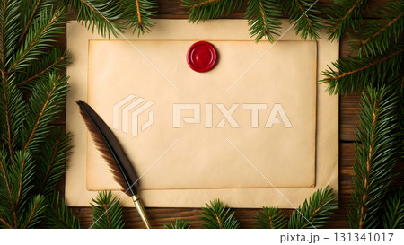 Old letter with a quill and wax seal surrounded by pine branches on a wooden table 131341017