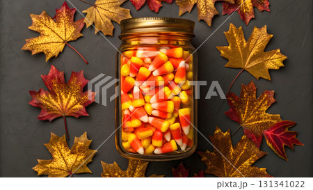 Candy corn jar surrounded by colorful autumn leaves on a dark background 131341022
