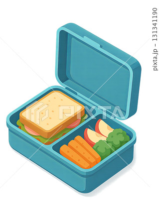 Lunchbox with sandwich, apple slices, carrots, and broccoli on transparent background 131341190