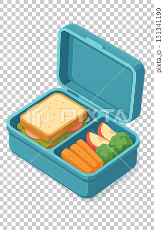 Lunchbox with sandwich, apple slices, carrots, and broccoli on transparent background 131341190