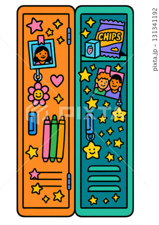 Back to school themed colorful locker design with photos and stars, background. Isolated on transparent background 131341192