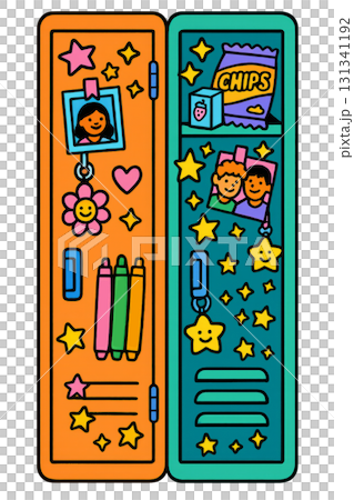 Back to school themed colorful locker design with photos and stars, background. Isolated on transparent background 131341192