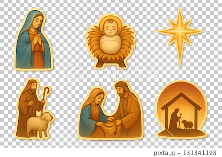 Nativity scene elements depicting religious icons on transparent background Nativity scene elements depicting religious icons on transparent background 131341198