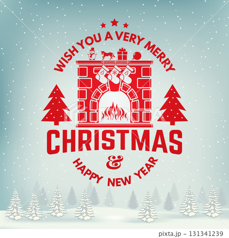 Wish you a very Merry Christmas and Happy New Year stamp, sticker, patch with fireplace, Christmas socks, christmas tree. Vintage design for xmas, new year 131341239
