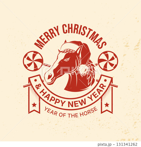Merry Christmas and 2026 Happy New Year stamp, sticker with horse in Santa Claus hat, Christmas candy. Vector. Vintage typography design for Xmas, new year emblem in retro style Merry Christmas and 2026 Happy New Year stamp, sticker with horse in Santa Claus hat, Christmas candy. Vector. Vintage typography design for Xmas, new year emblem in retro style 131341262