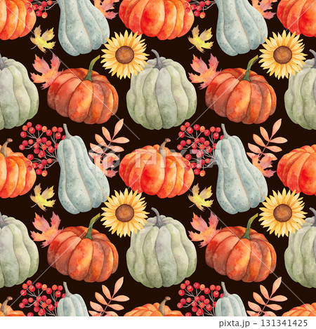 Seamless pattern with pumpkin, sunflower, viburnum, and maple leaves. Watercolor illustration. Hand-drawn isolated botanical art. Background with berries and vegetables for Thanksgiving and Halloween. Seamless pattern with pumpkin, sunflower, viburnum, and maple leaves. Watercolor illustration. Hand-drawn isolated botanical art. Background with berries and vegetables for Thanksgiving and Halloween. 131341425