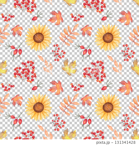 A seamless pattern with berries, mushrooms, and flowers for Thanksgiving. Watercolor illustration. Hand drawn isolated botanical art. Background with sunflowers, rose hips, rowan berries maple. 131341428