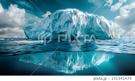 massive iceberg floating in ocean with cloudy sky reflection 131341474