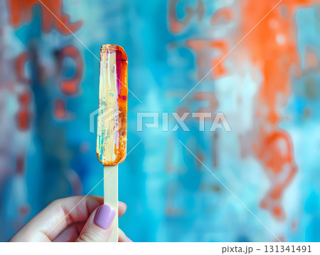 colorful melting popsicle held against abstract wall background 131341491
