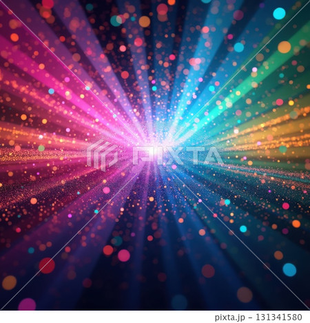 Explosive Colorful Light Rays and Glitter Particles Background explosion 131341580