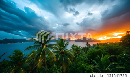 A stunning panoramic view of a mountain lake under a vast sky with drifting clouds offers an inspiring nature landscape for travel. A stunning panoramic view of a mountain lake under a vast sky with drifting clouds offers an inspiring nature landscape for travel. 131341726