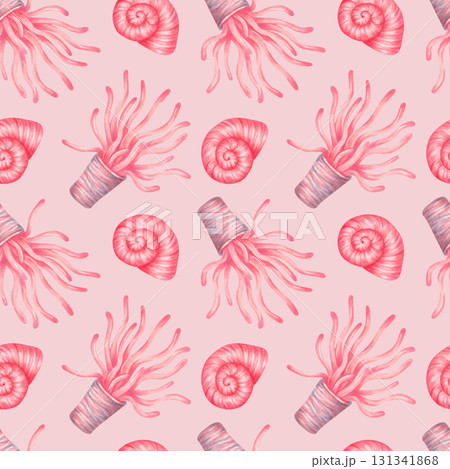 Seamless pattern with sea corals and shells. Watercolor illustration. Sea anemones with tentacles and a spiral shell. Hand-drawn isolated art. Peach background for fabric, textile. 131341868