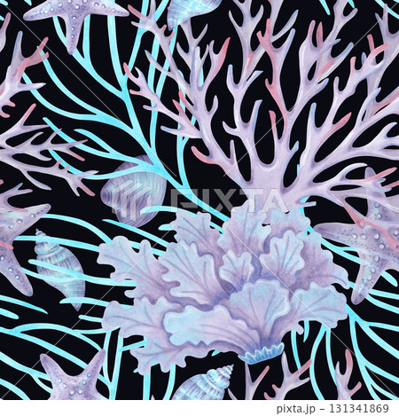Seamless marine pattern featuring corals, shells, starfish, and seaweed. Watercolor illustration of underwater animals. Hand-drawn isolated image. Background for fabric, textiles, children's products. 131341869