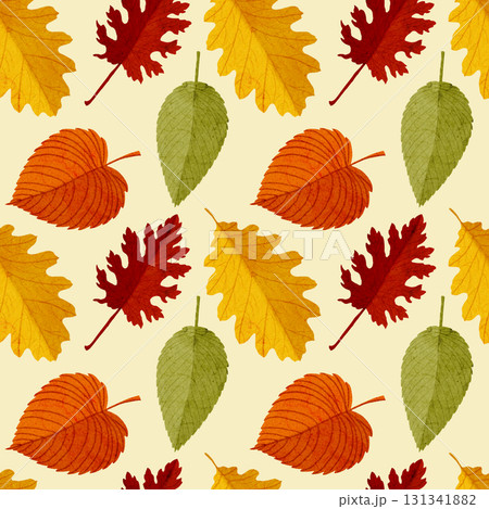 Watercolor autumn seamless pattern with falling leaves. Botanical repeated texture with floral elements for the fall season. Fall print with foliage. 131341882