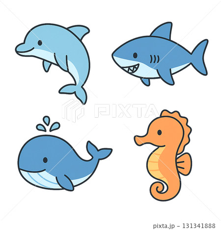 イルカ・サメ・クジラ・タツノオトシゴの可愛いイラスト4種セット（背景なし・ゆるかわ・海の生き物素材） 131341888