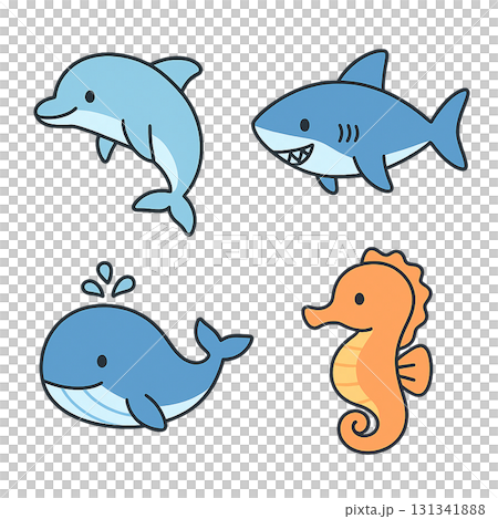 イルカ・サメ・クジラ・タツノオトシゴの可愛いイラスト4種セット（背景なし・ゆるかわ・海の生き物素材） 131341888