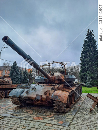 Russian tank destroyed by the Ukrainian army in Ukraine. War in Ukraine 131341907