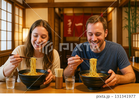 日本でラーメンを味わう外国人観光客 131341977